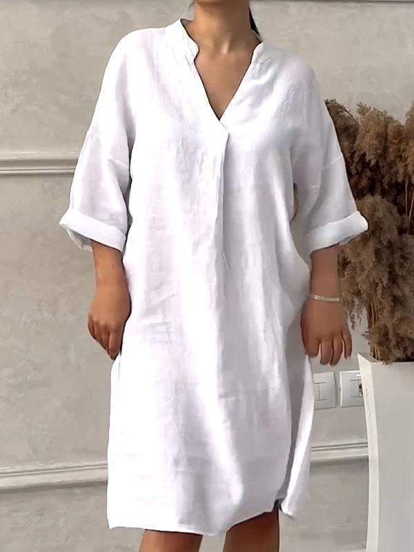 Cotton Linen V-neck Loose Plus Size Dress