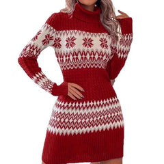 Knitted Red And White High-neck Color-block Sweater Dress