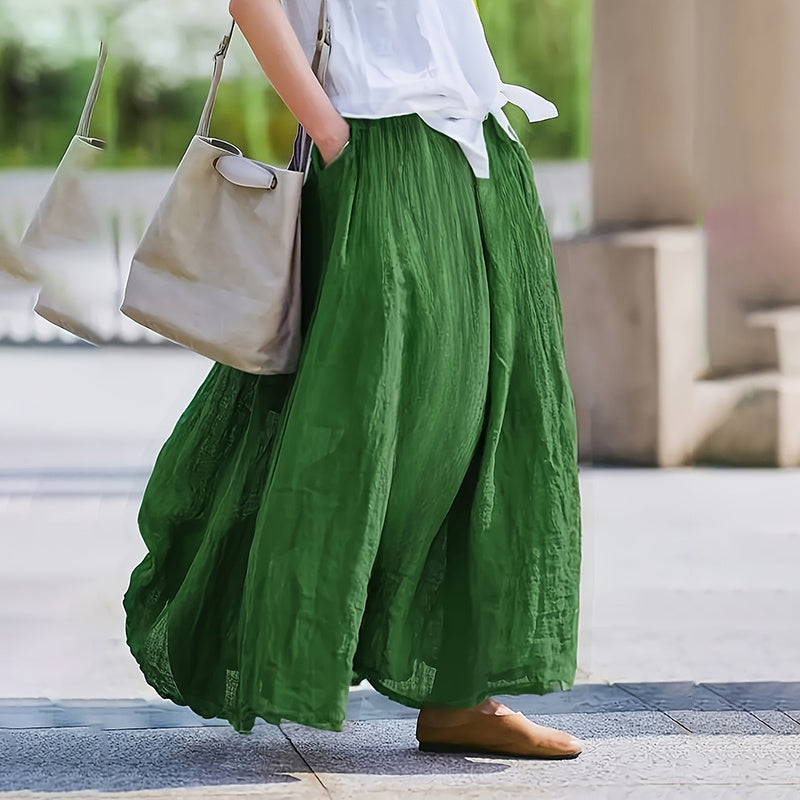 Bohemian Beach A-Line Dress Elastic Waist Flowy Long Maxi Skirt With Pockets