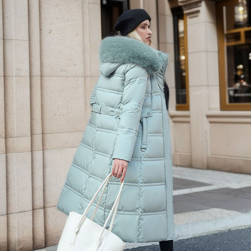 Slim Long Jacket With Fur Hood And Belt Solid Hooded Coat Warm Clothing For Women