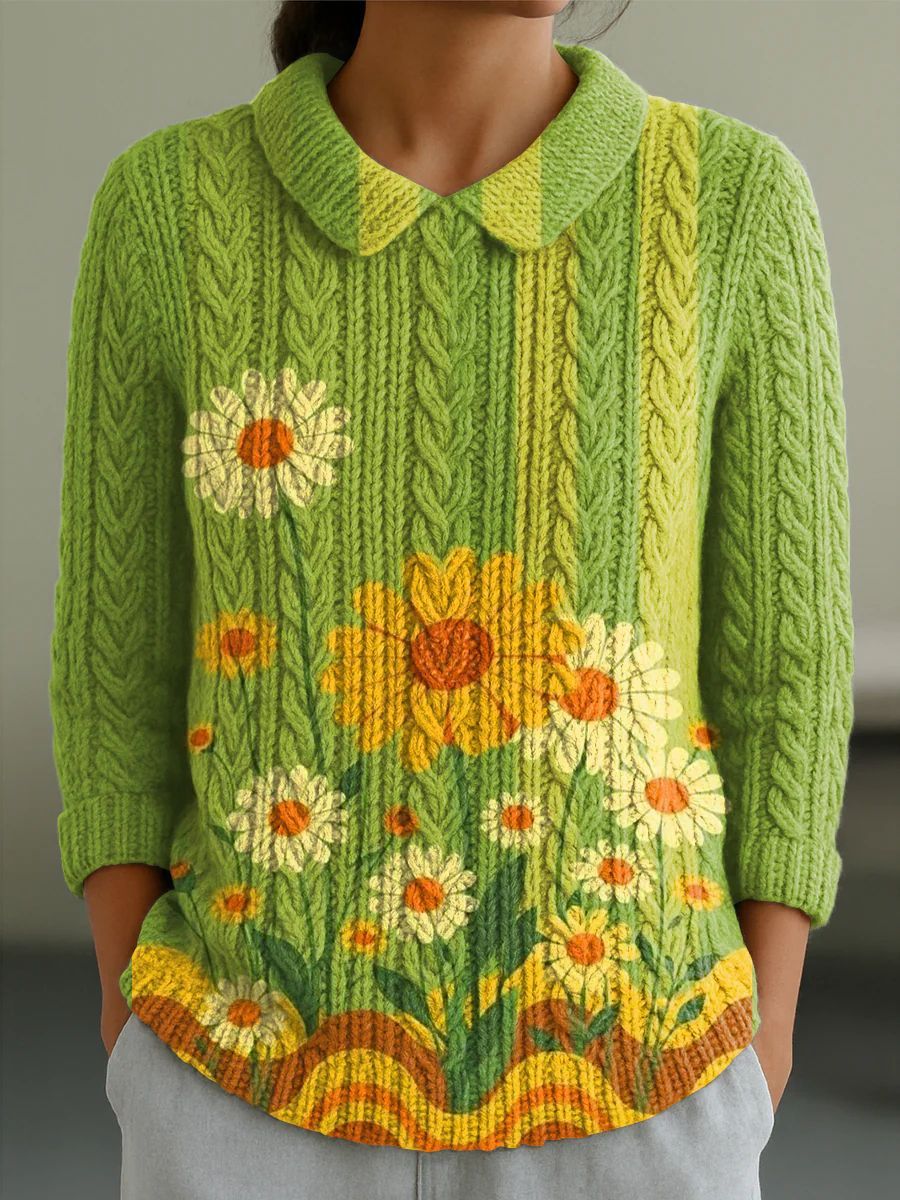 And Doll Collar Knitted Jacquard Fabric French Retro Printed Top