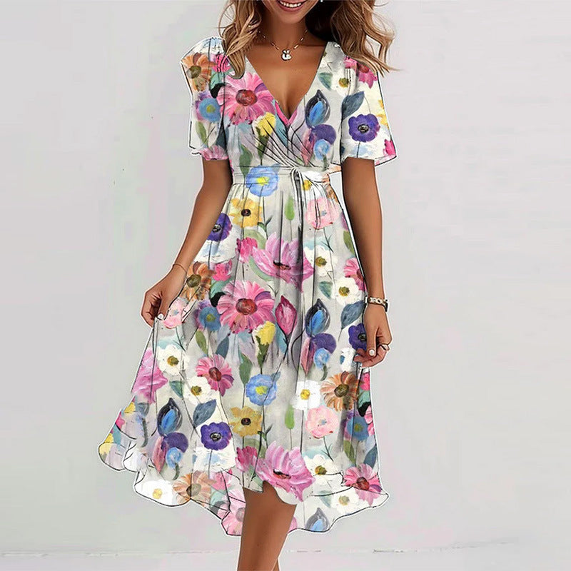 Flowers Printed V-neck Dress A-line Short-sleeved Dresses For Women