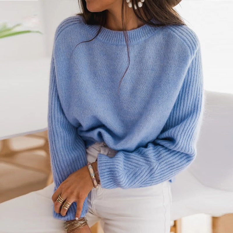 Milk Blue Bedford Cord Sweater Round-collar Long-sleeve Knitwear Casual Clothing Knit Top Outerwear