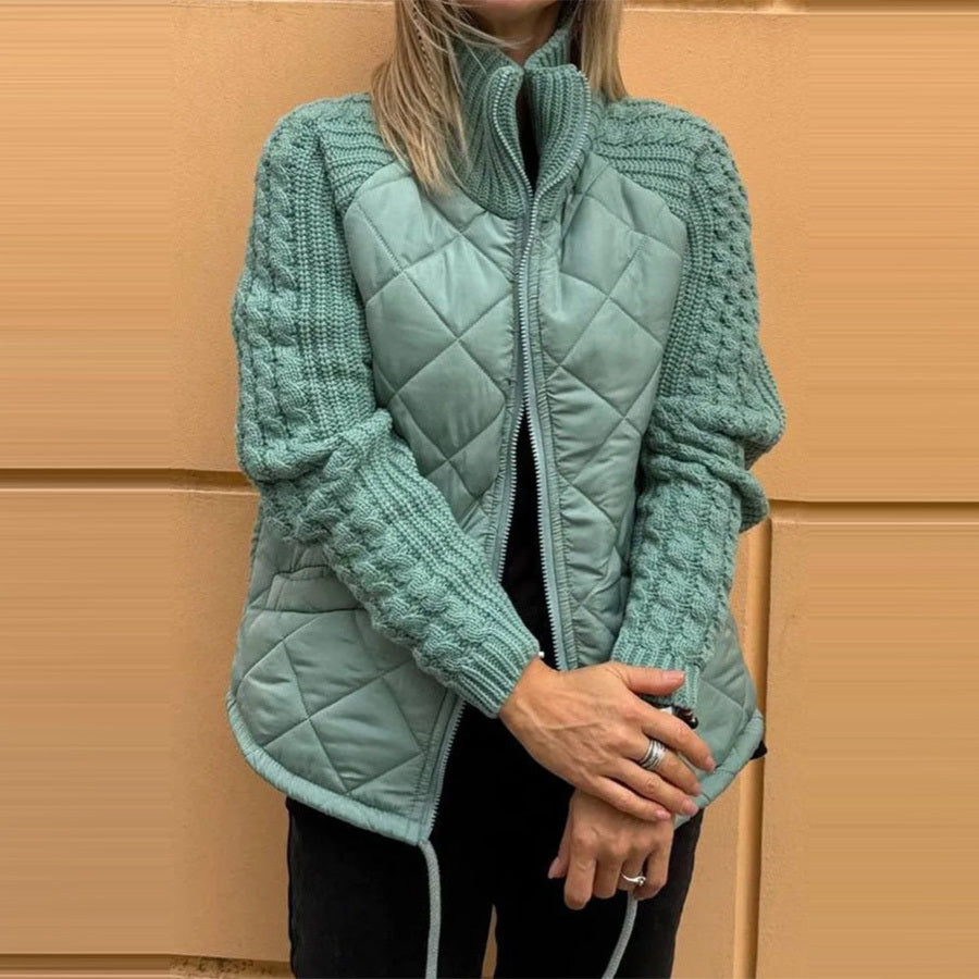 Stand Collar Cotton Jacket With Pockets Knitted Stitching Zipper Coat Warm Tops For Clothing