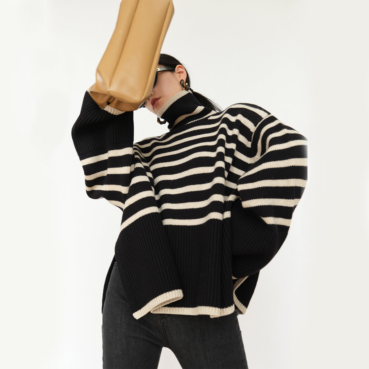 Striped Turtleneck Sweater Casual Loose Slit Design Sweater Tops Womens Clothing