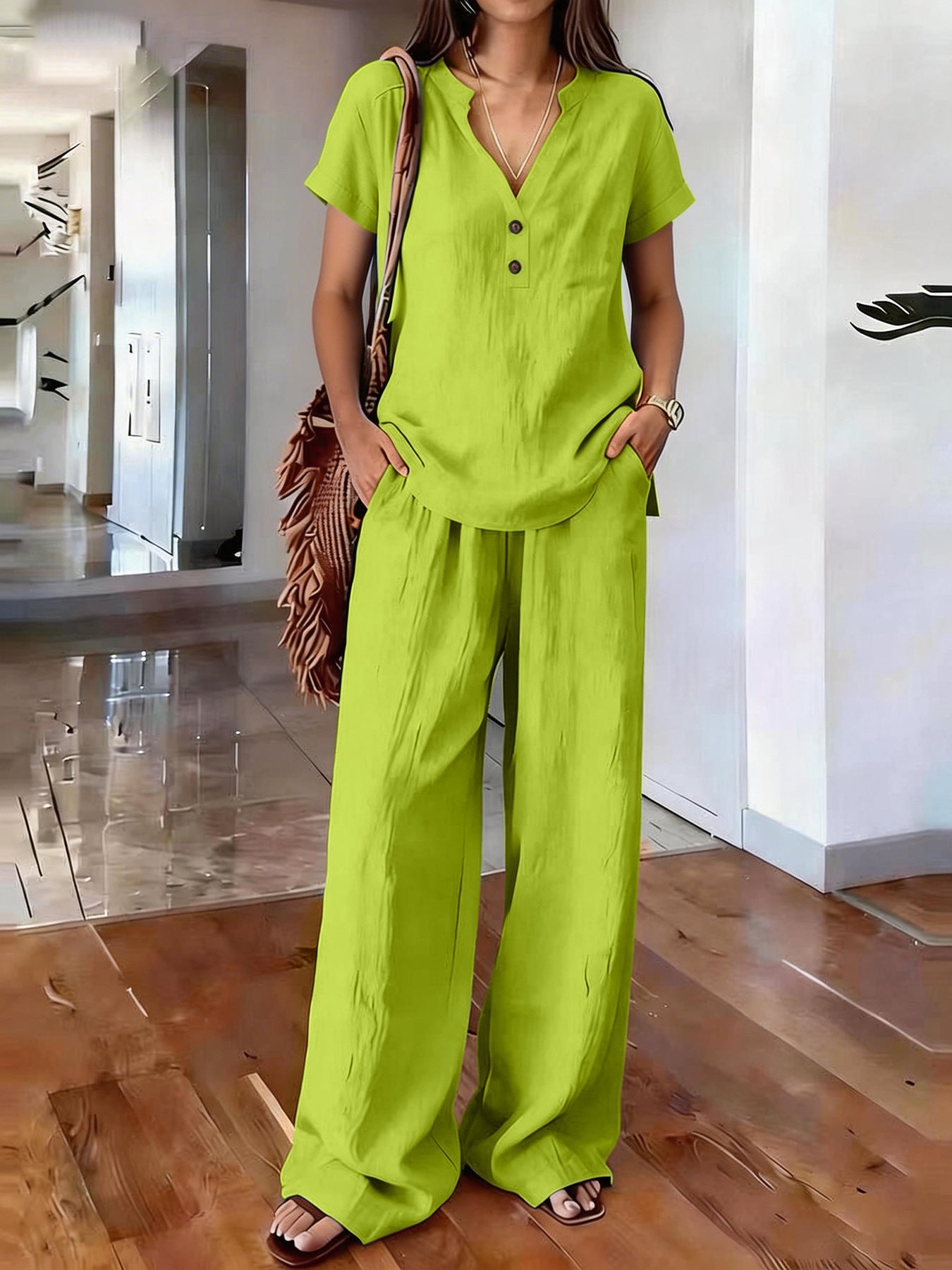 Casual Solid-Colored Cotton And Linen Set