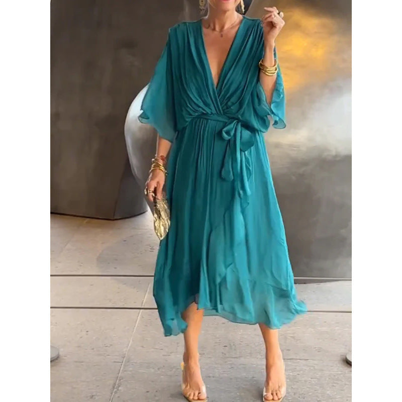 Batwing Sleeve V-neck Dress Pure Color Tied Irregular Long Dresses Womens Clothing