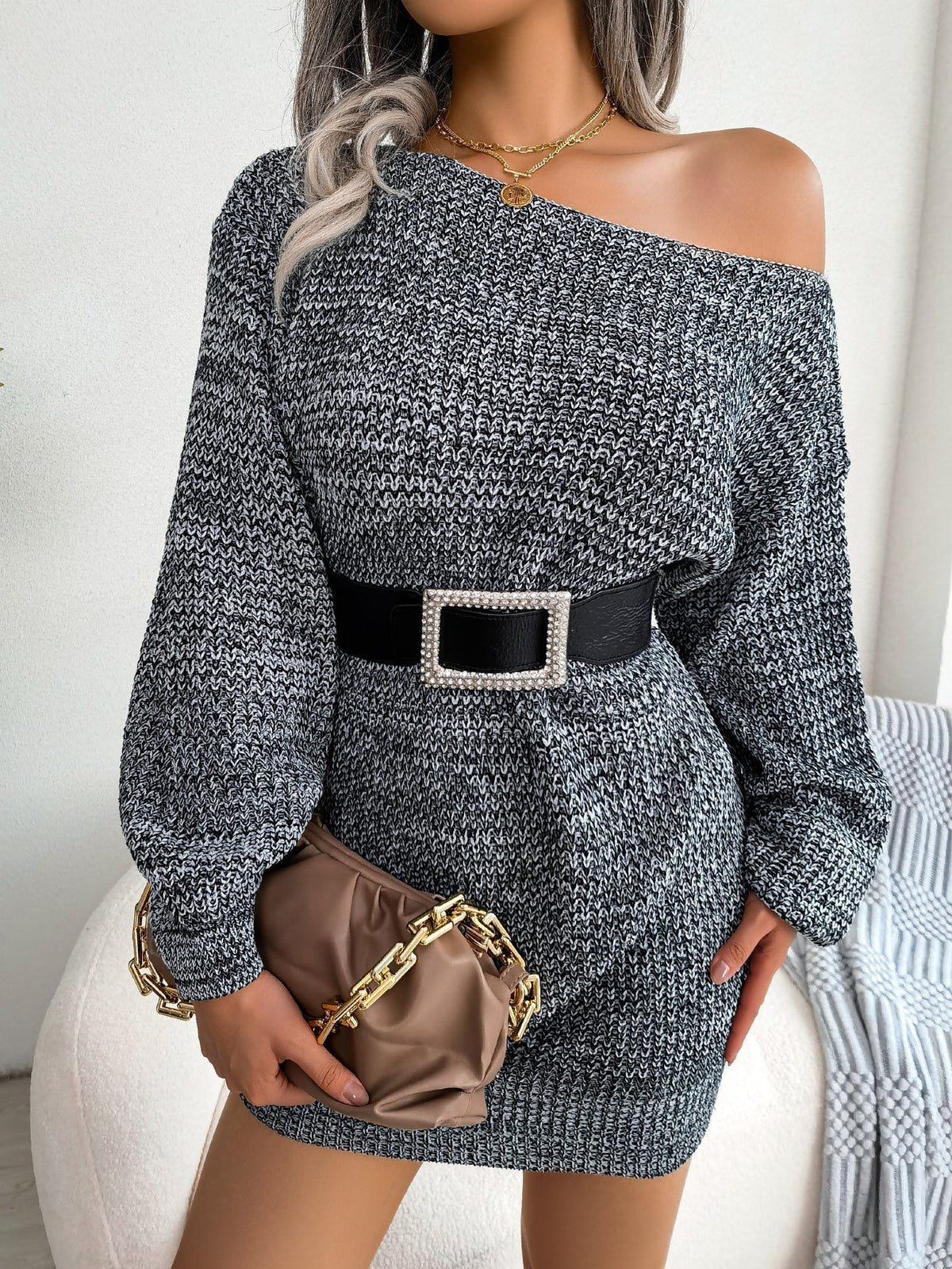 Casual Off-Shoulder Colorful Lantern Sleeve Knit Sweater Dress