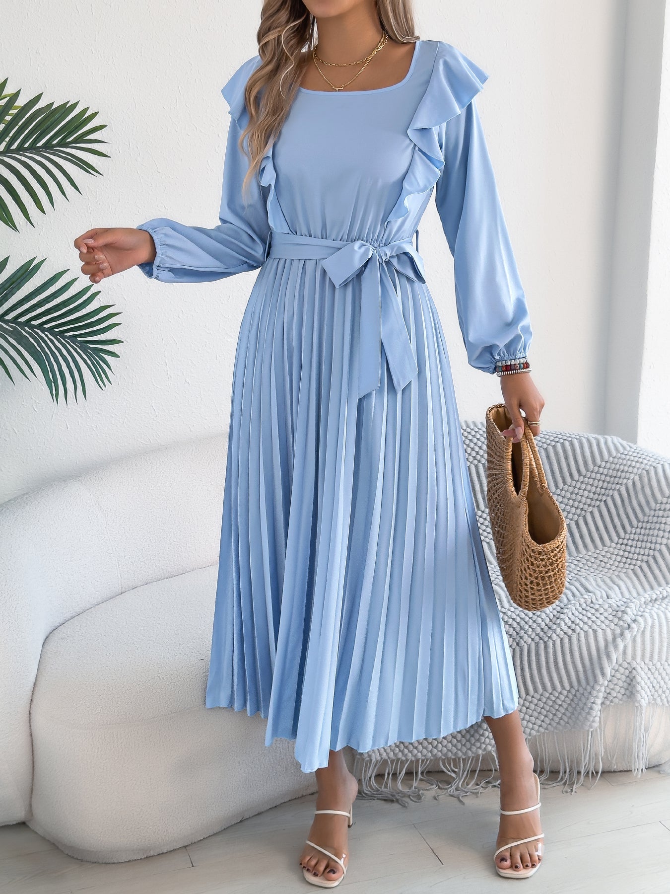 Elegant Ruffle Trim Square Neck Long Sleeve Tie Waist Pleated Dress