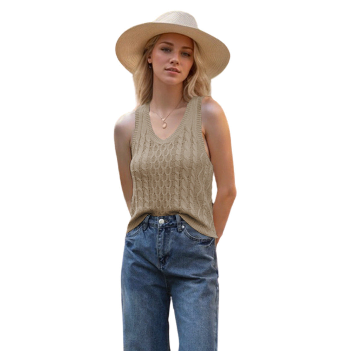 V-neck Tank Vest Casual Knitted Solid Color Tops
