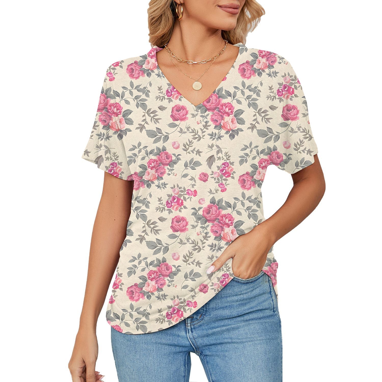 T-shirt, Natural Plant And Floral Print, Casual V-neck Short Sleeves