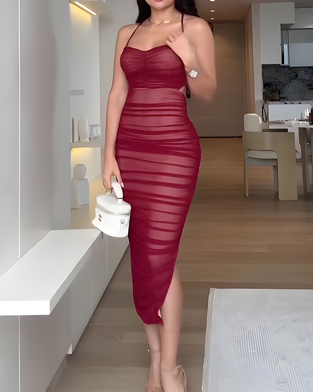 Sheer Mesh Ruched Bodycon Dress