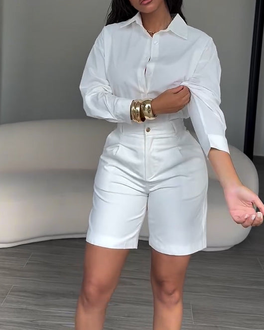2 Piece Sets For Elegant Button-Down Shirt Paired with Tailored Bermuda Shorts