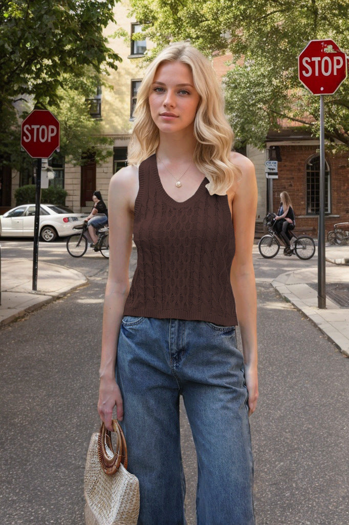 V-neck Tank Vest Casual Knitted Solid Color Tops