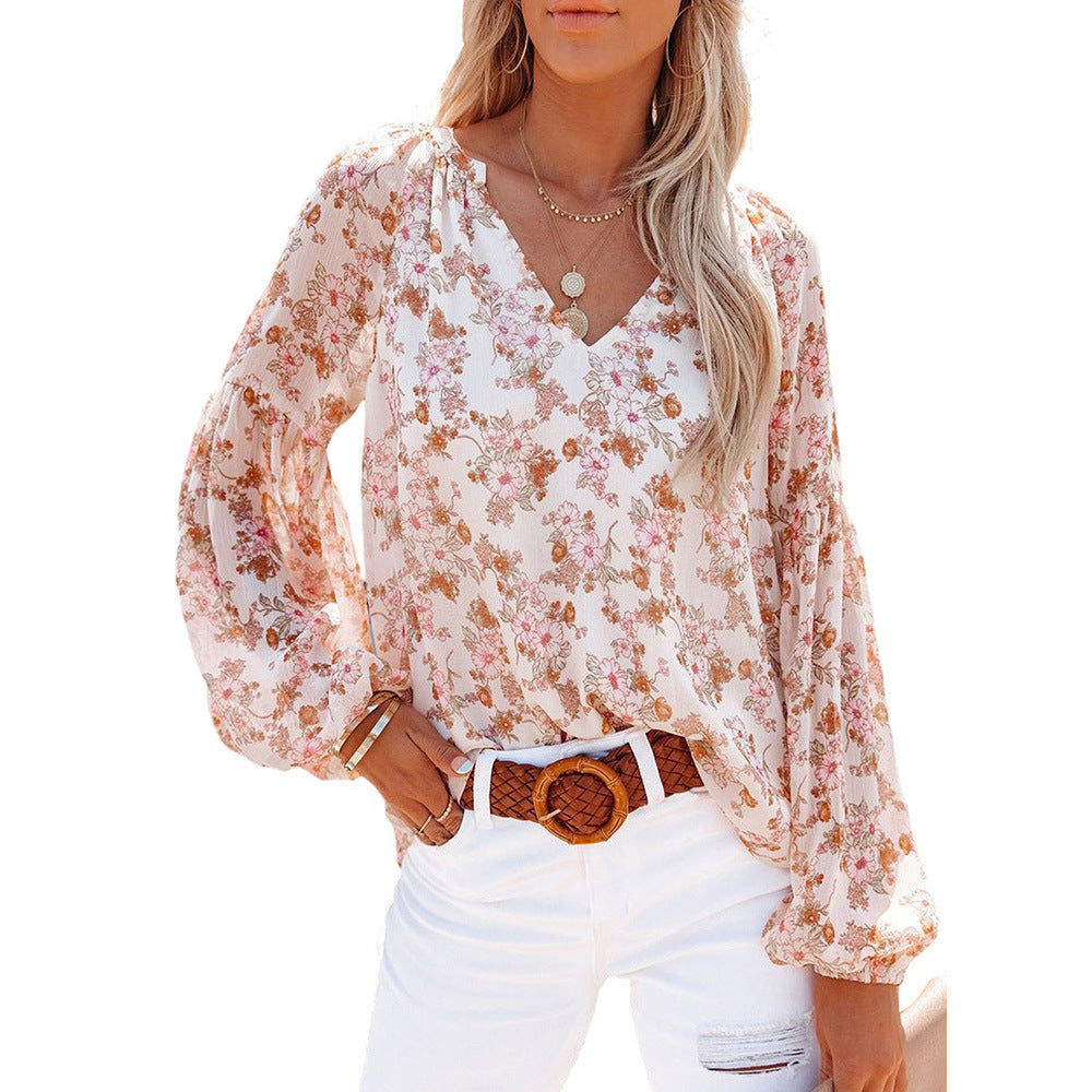 Lantern Sleeve Shirt Floral Print Chiffon Shirt
