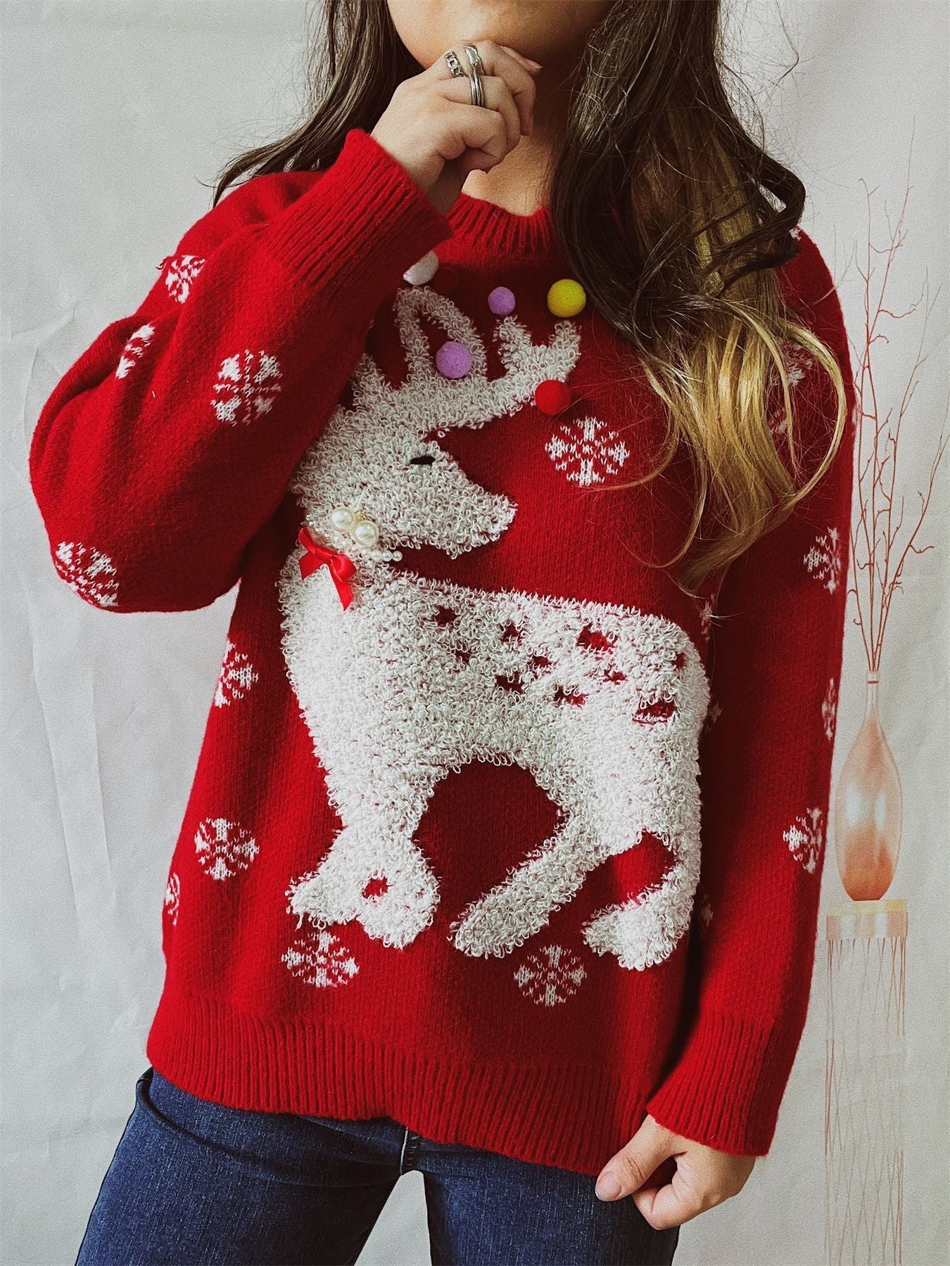 Elk Flocking Jacquard Handmade Pearl Colorful Ball Decorative Knitted Christmas Sweater
