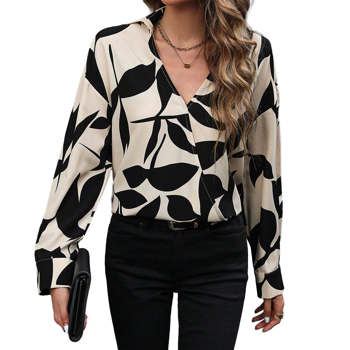 Printed V-Neck Long-Sleeve Loose Casual Top