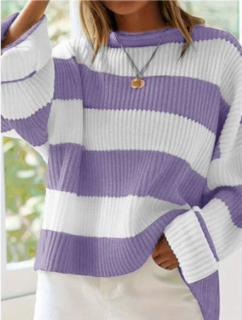 Loose Striped Sweater Casual Long Batwing Sleeve Round Neck Pullover Knit Tops Clothing