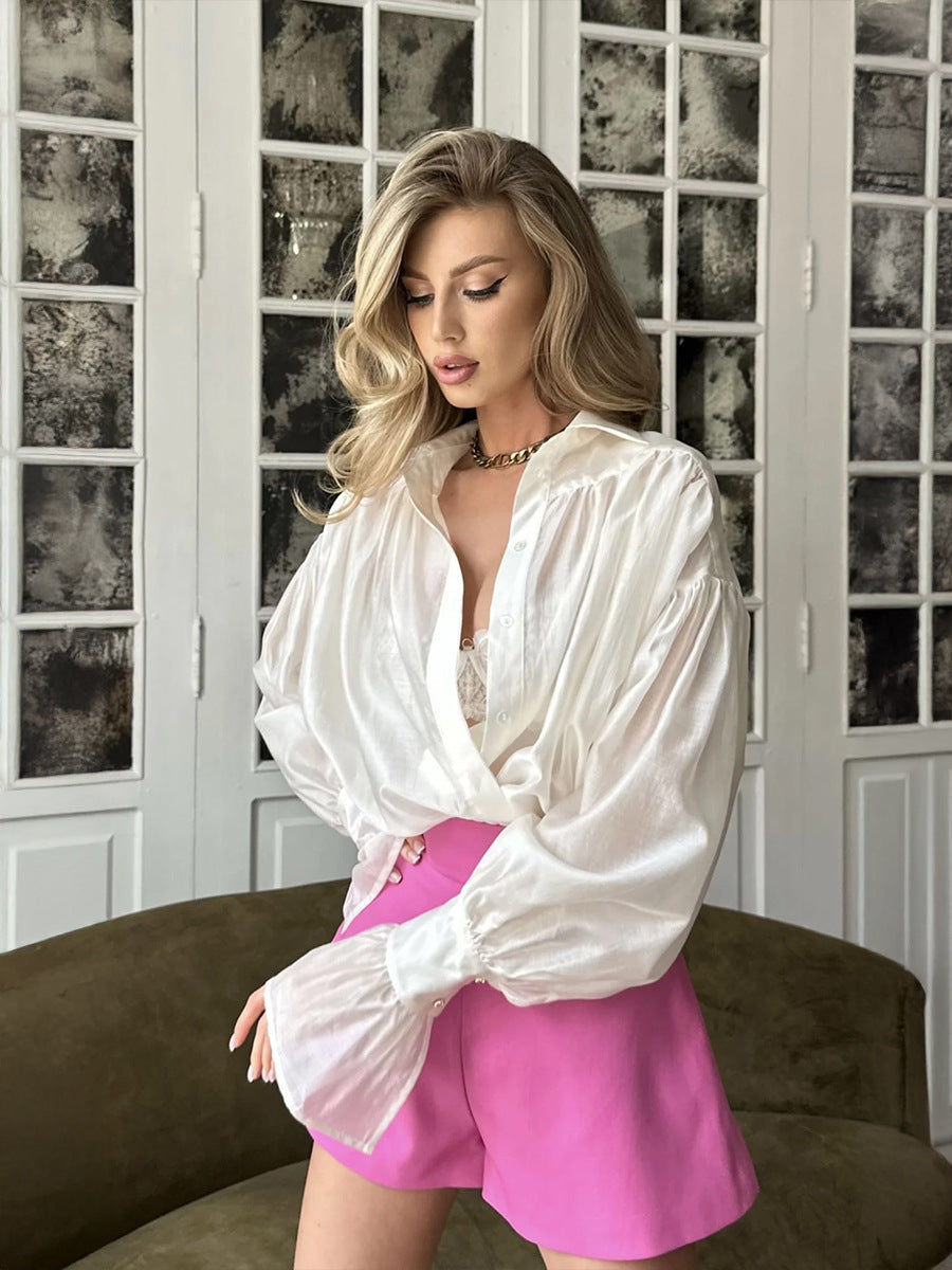 Ins French Lantern Sleeve Shirt Button Lapel Long Sleeved Tops Casual Clothing