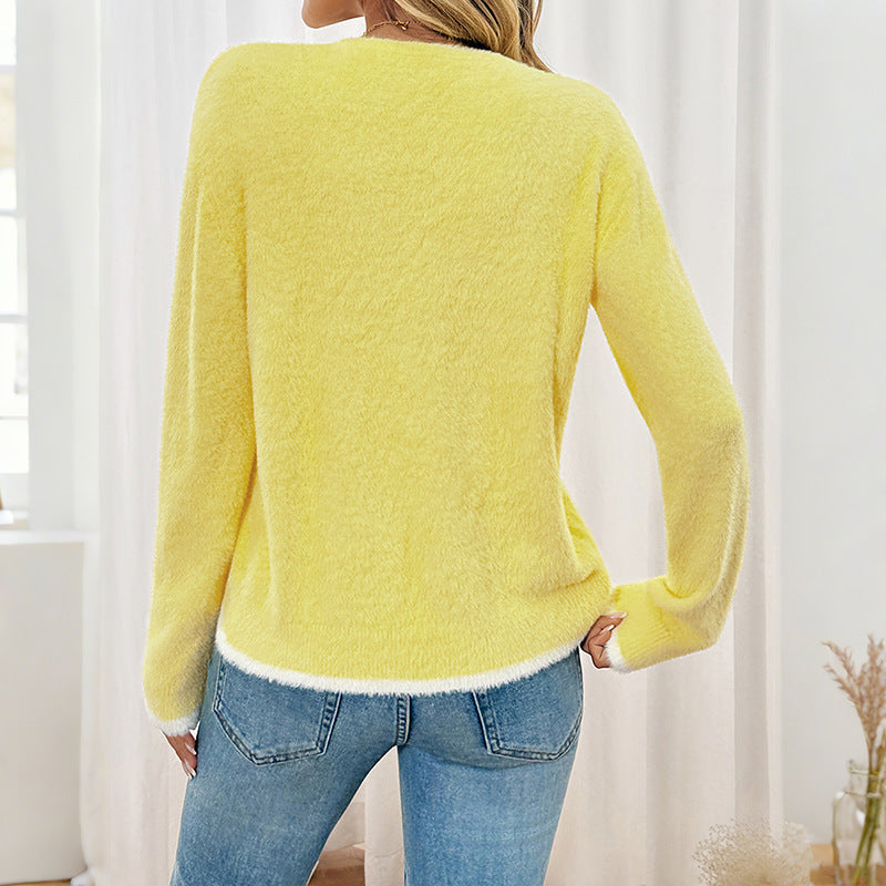 Color Matching V-neck Bow Cardigan Sweater Coat Clothing