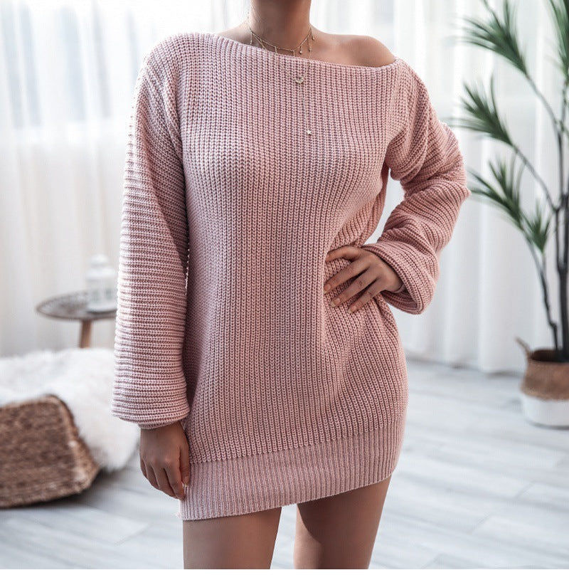 Solid Color Casual Off-the-shoulder Lantern Sleeve Knitted Sweater Dress