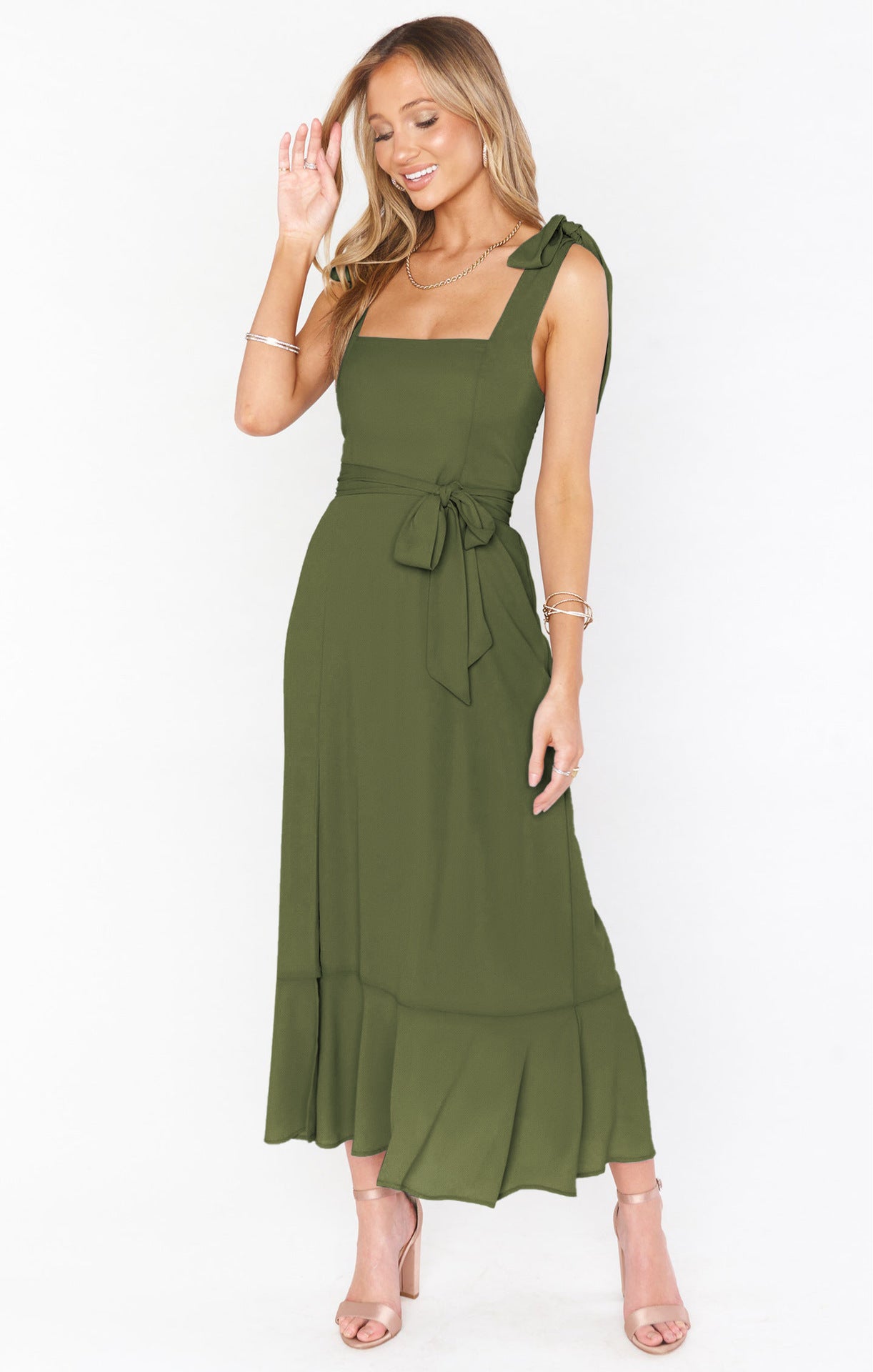 Dresses Elegant Bridesmaid Square Neck Ruffle Split Midi Formal Dress For Wedding Guest Cocktail Party