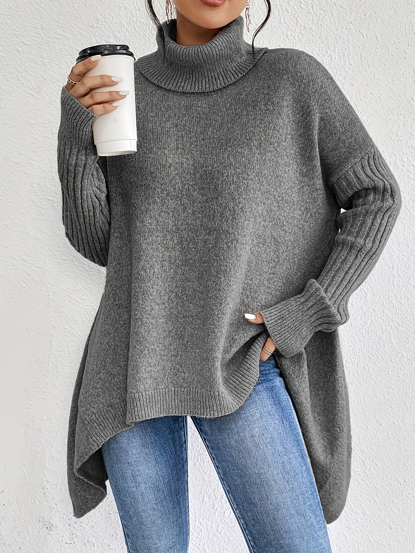 Irregular Turtleneck Sweater Loose Long Sleeve Knitted Tops Leisure Warm Pullover Sweater Clothing