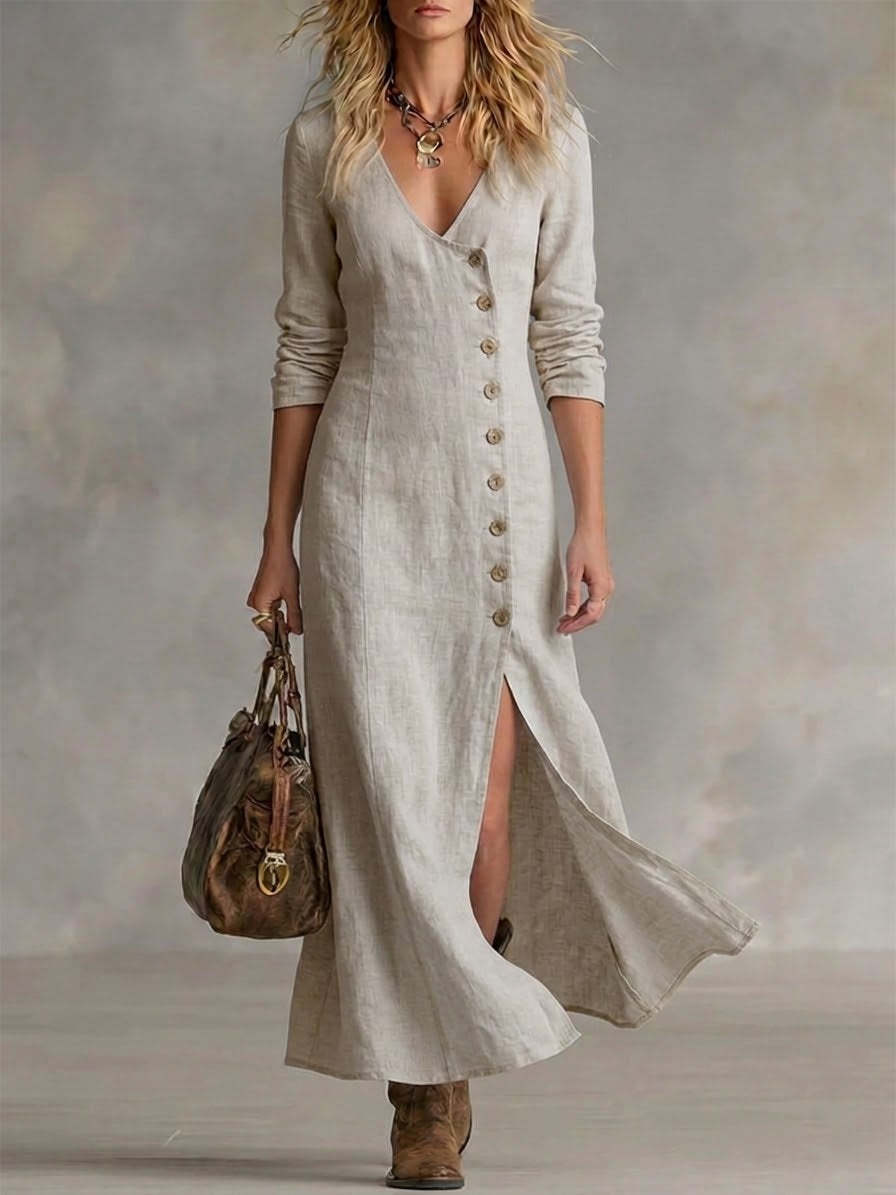 Casual Cotton-Linen Long-Sleeve Womens Dress