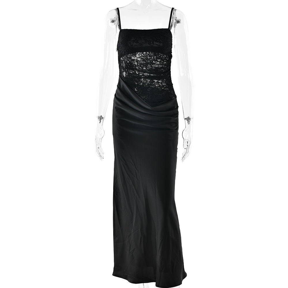 Chic Strapless Lace-Patchwork Evening Gown Long Street-Style Slim-Fit Slip Dress With Open Back