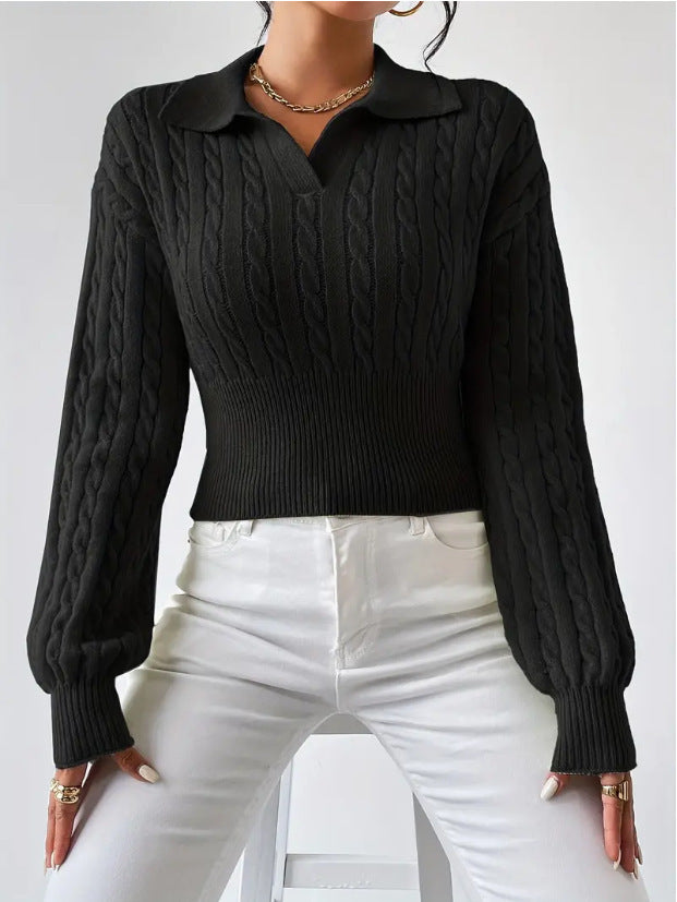 Solid Colour V-Neck Cropped Sweater with Lapel