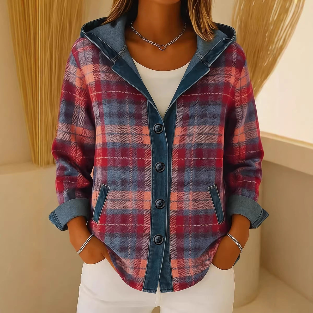 Womens Trendy Plaid Contrast-color Jacket