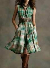Plaid Collared Sleeveless Fitted Waist Dress
