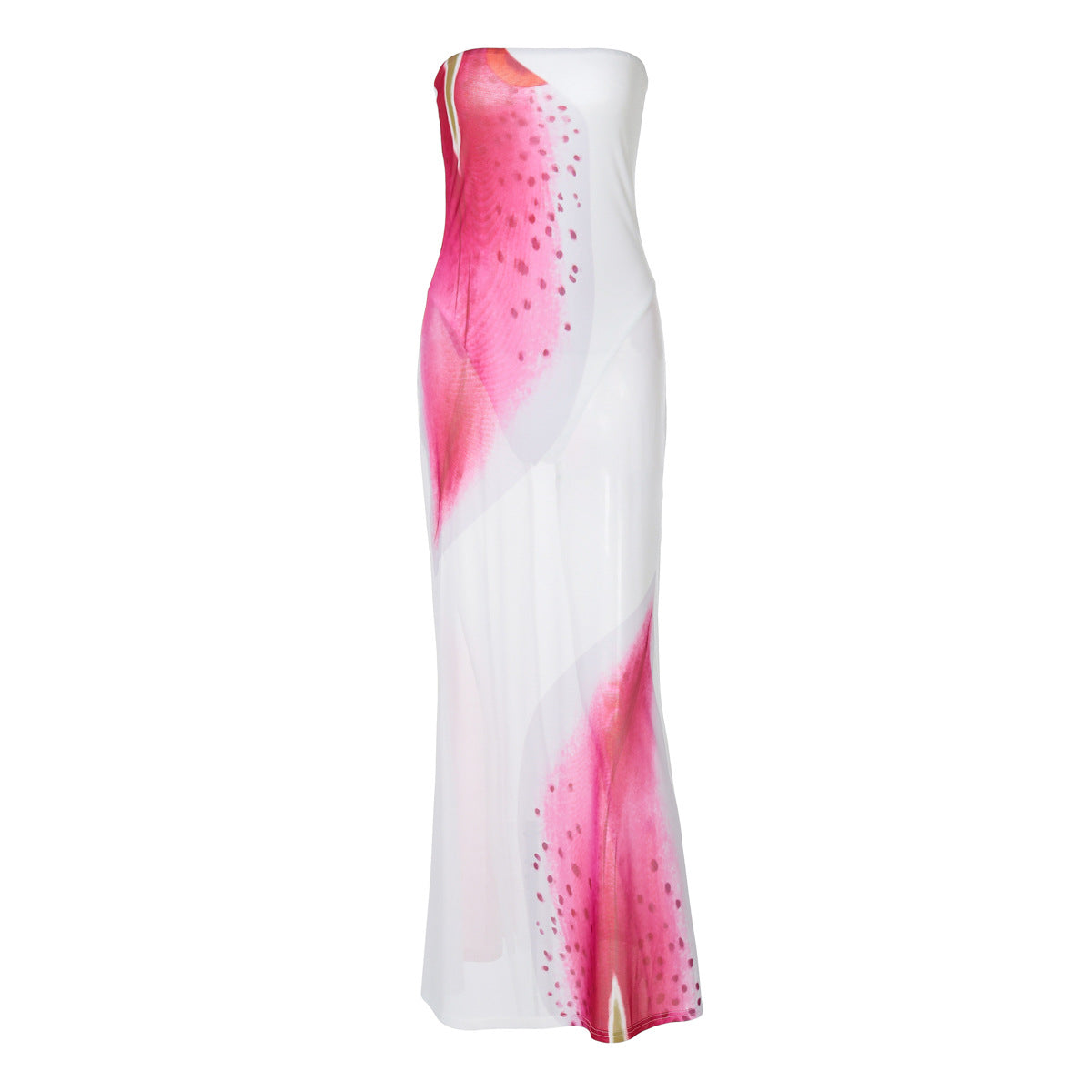 Floral Print Tube Top Slit Bodycon Mesh Dress For Women
