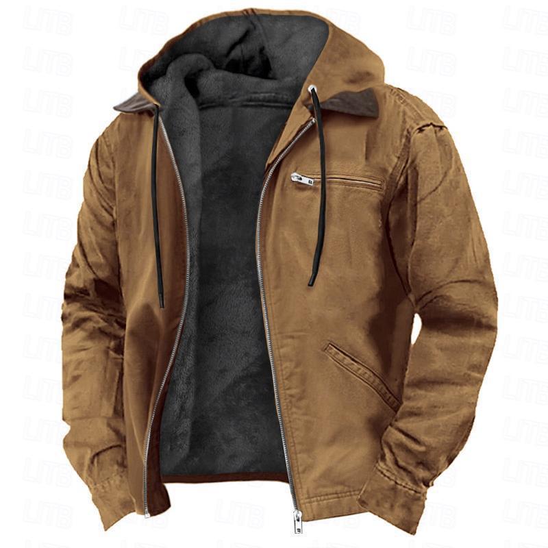 Hooded Coat With Pockets Warm Fleece Zip-up Jacket Casual Outwear Men's Clothing