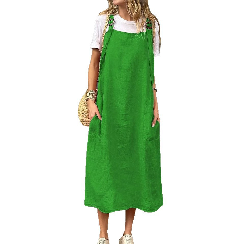 Adjustable Shoulder Strap Casual Cotton And Linen Dress
