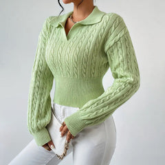 Solid Colour V-Neck Cropped Sweater with Lapel