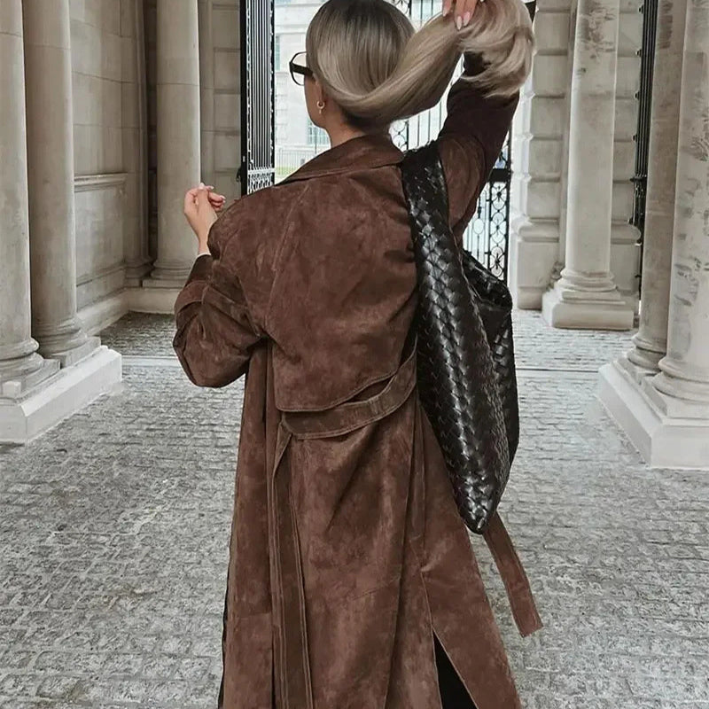Double Breasted Lapel Shift Coat With Belt Vintage Suede Long Coat Outwear Clothing