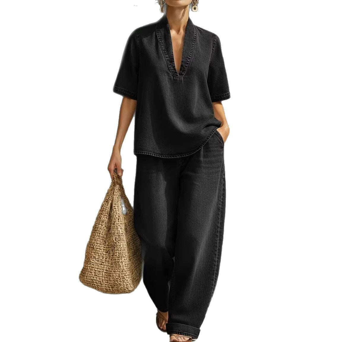 Casual Retro Denim Pants Set