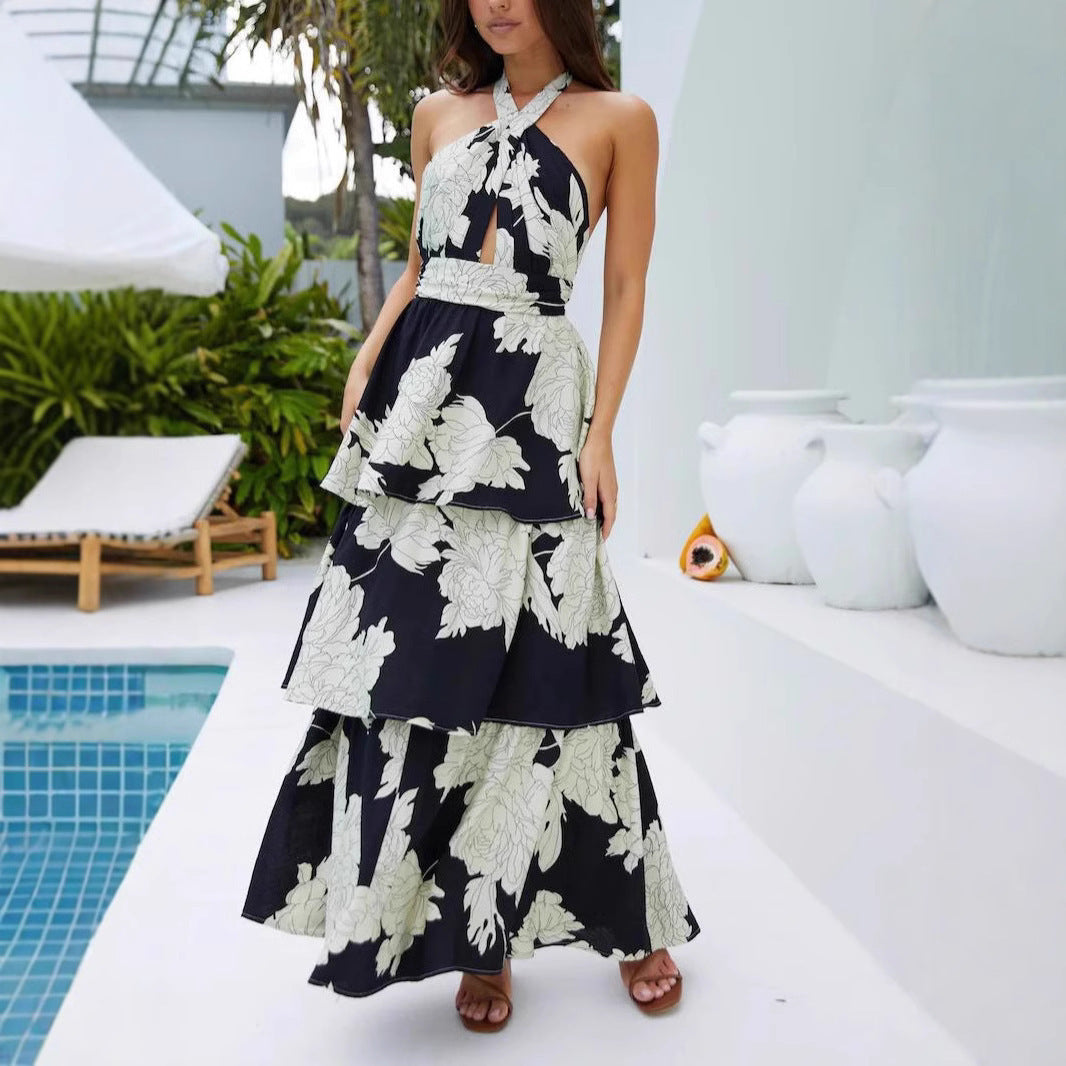 Print Cake Dress Lace-up Long Dress
