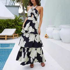 Print Cake Dress Lace-up Long Dress