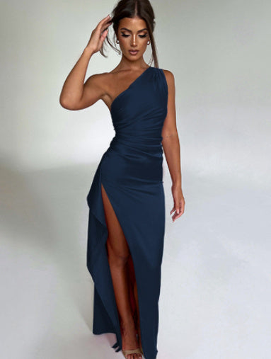 One-shoulder Backless Slit Dress Elegant Slim-fit Solid Color Satin Dresses For Women