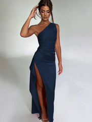 One-shoulder Backless Slit Dress Elegant Slim-fit Solid Color Satin Dresses For Women