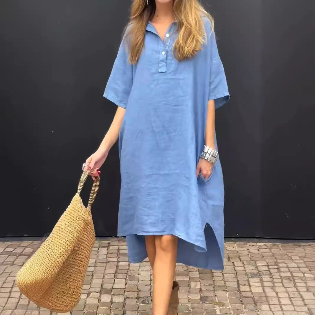 Solid-color Casual Cotton-linen Long Dress With A Turn-down Collar And Buttons