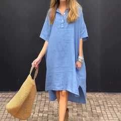 Solid-color Casual Cotton-linen Long Dress With A Turn-down Collar And Buttons