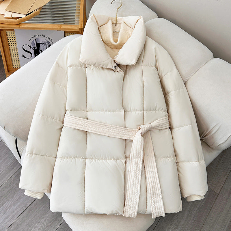 Plaid Sewing Lapel Coat With Lace-up Design Loose Solid Thick Jacket Outerwear Clothing