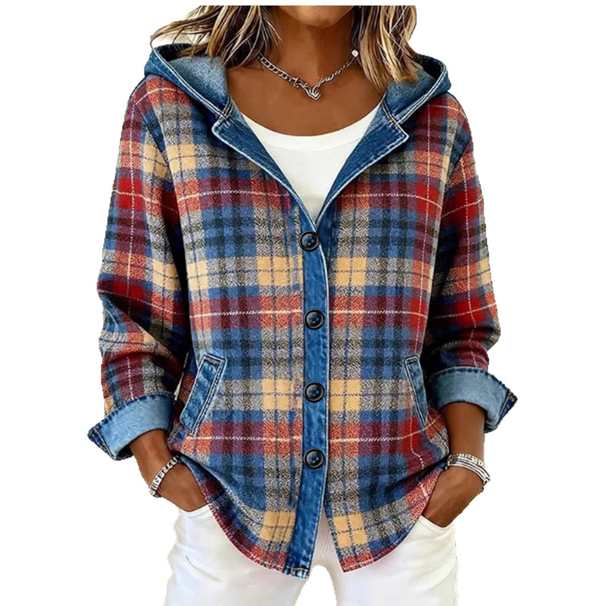 Womens Trendy Plaid Contrast-color Jacket