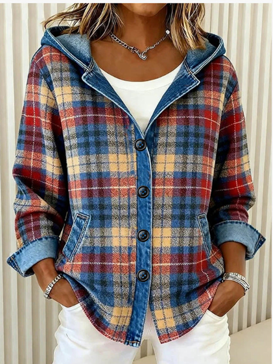 Womens Trendy Plaid Contrast-color Jacket