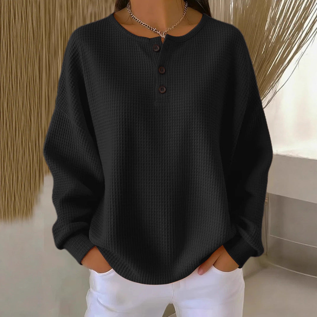 Ins Waffle Long-sleeved T-shirt Solid Color Buttons Round Neck Pullover Top Clothing