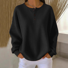 Ins Waffle Long-sleeved T-shirt Solid Color Buttons Round Neck Pullover Top Clothing