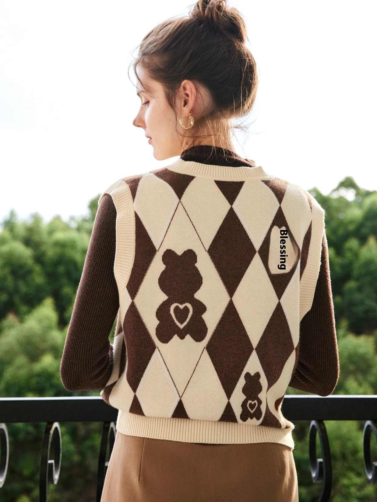 Knitted Vest Rhombus V-neck Bandage Dress Sweater